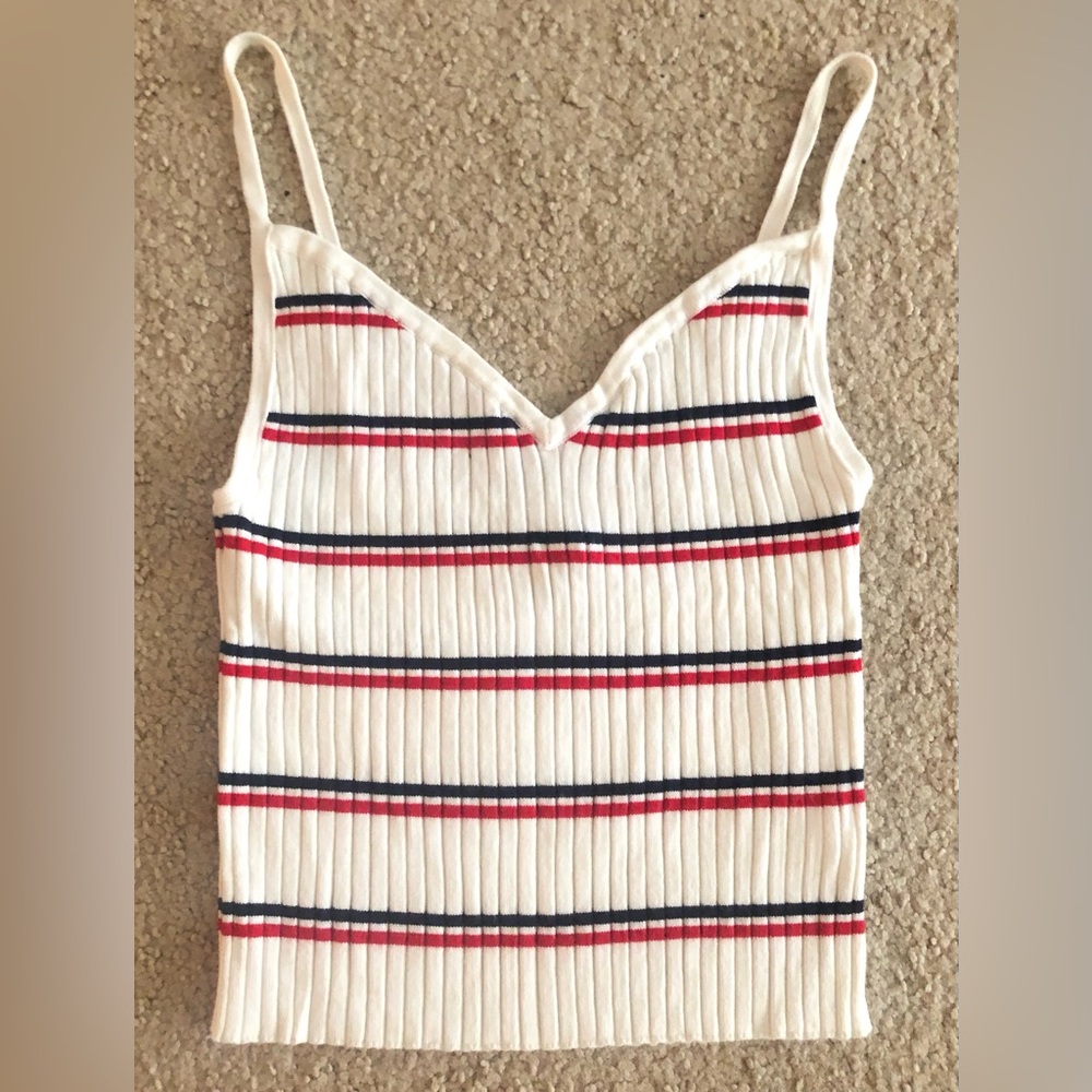 Kendall & Kylie XS Cropped Spaghetti Strap Tube Top White w/ Red & Blue Stripes